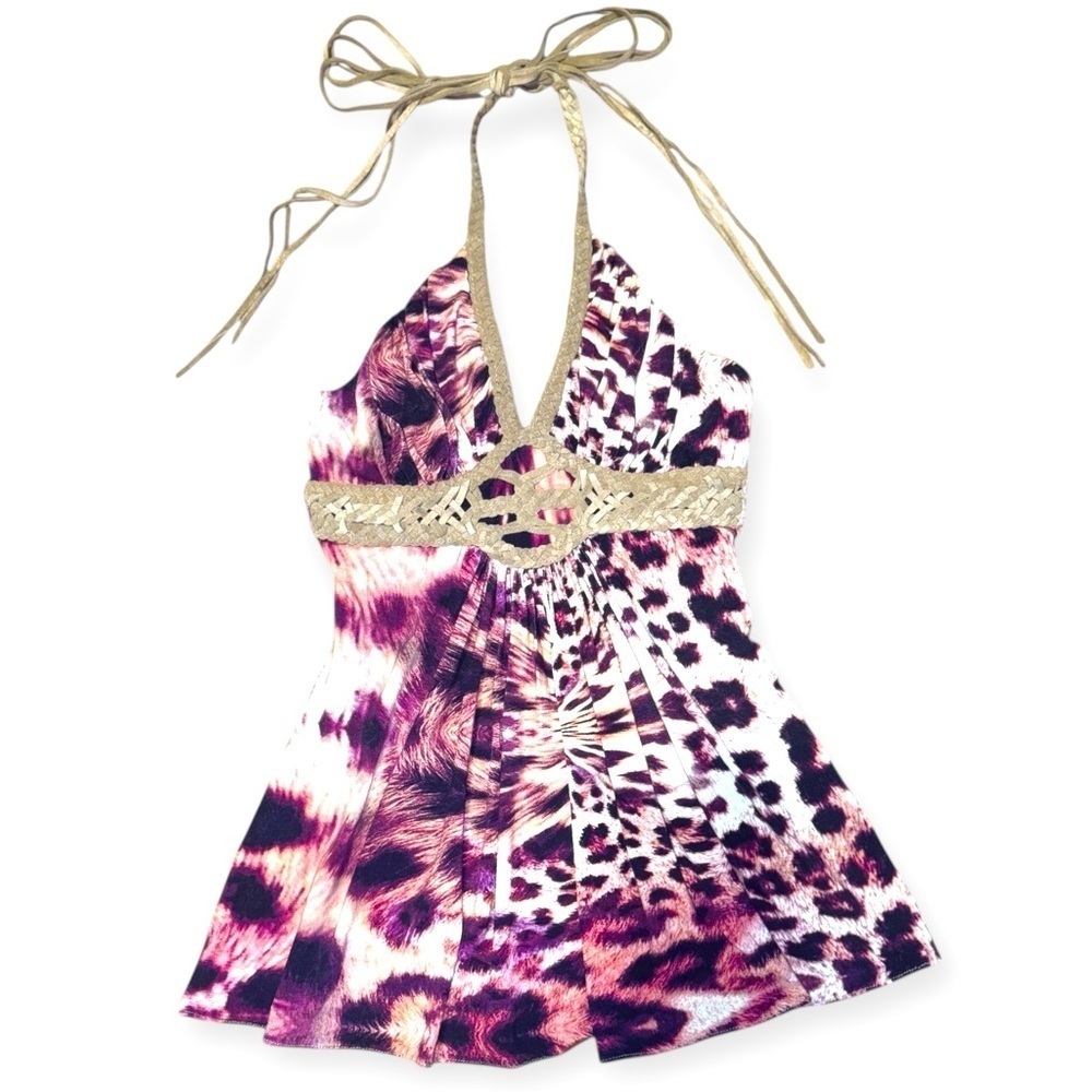 Sky Top Western Leopard Chic Leather Halter Top Strappy halter tie straps XS y2k